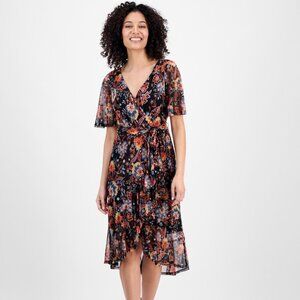 Connected Petite Black Floral Faux Wrap High-Low Dress 14P NWT Midi